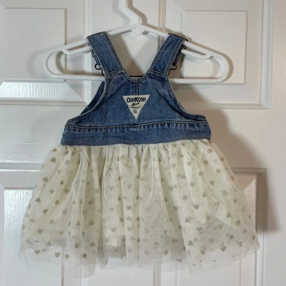 OshKosh Size 3M Overall Dress Blue Denim Ivory Tulle Glitter Heart Baby Girls